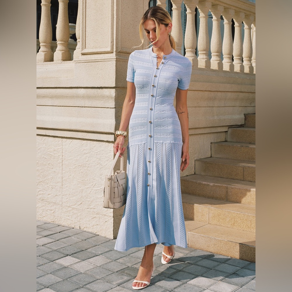 Commense Light Blue Button-Front Maxi Dress